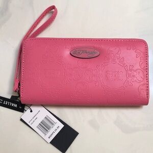 Ed Hardy Pink Faux Leather ZA Wallet Embossed Skull & EH Logo Pattern NWT